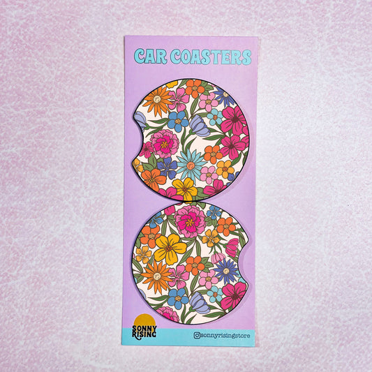 2 Car Coasters, Bright Spring Floral Pattern