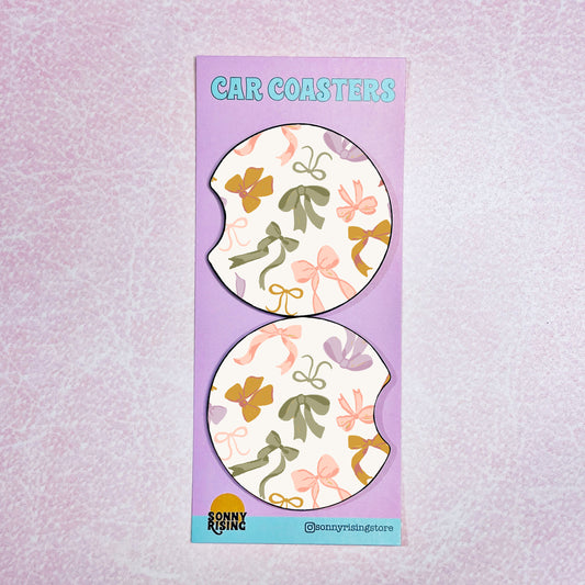 2 Car Coasters, Pastel Coquette Bow Pattern