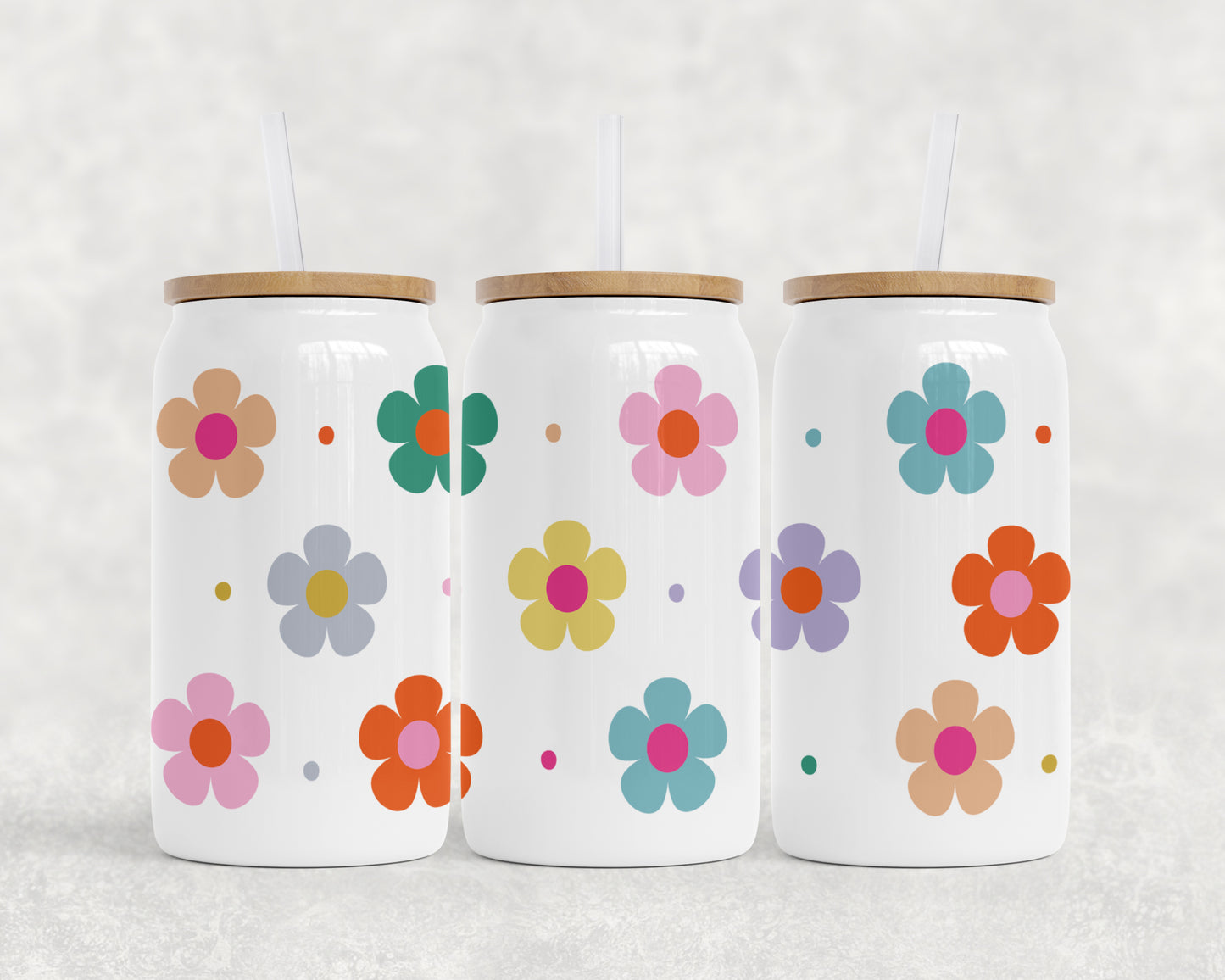 White Can Glass, Colorful Daisies