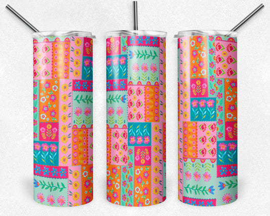 20 oz Skinny Tumbler, Floral Patchwork Pattern