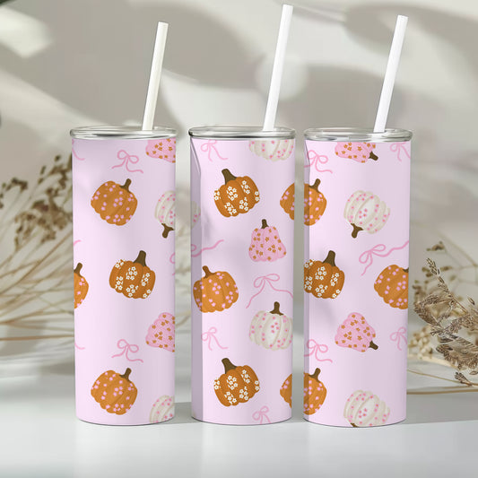 20 oz Skinny Tumbler, Coquette Pink Pumpkin Pattern