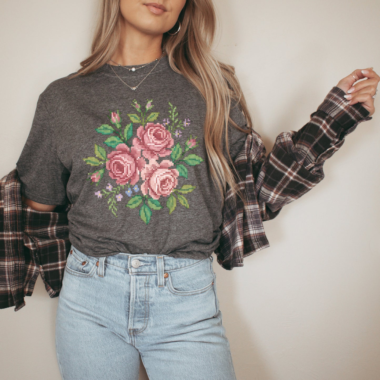 Graphic Tee, Floral Faux Cross Stitch