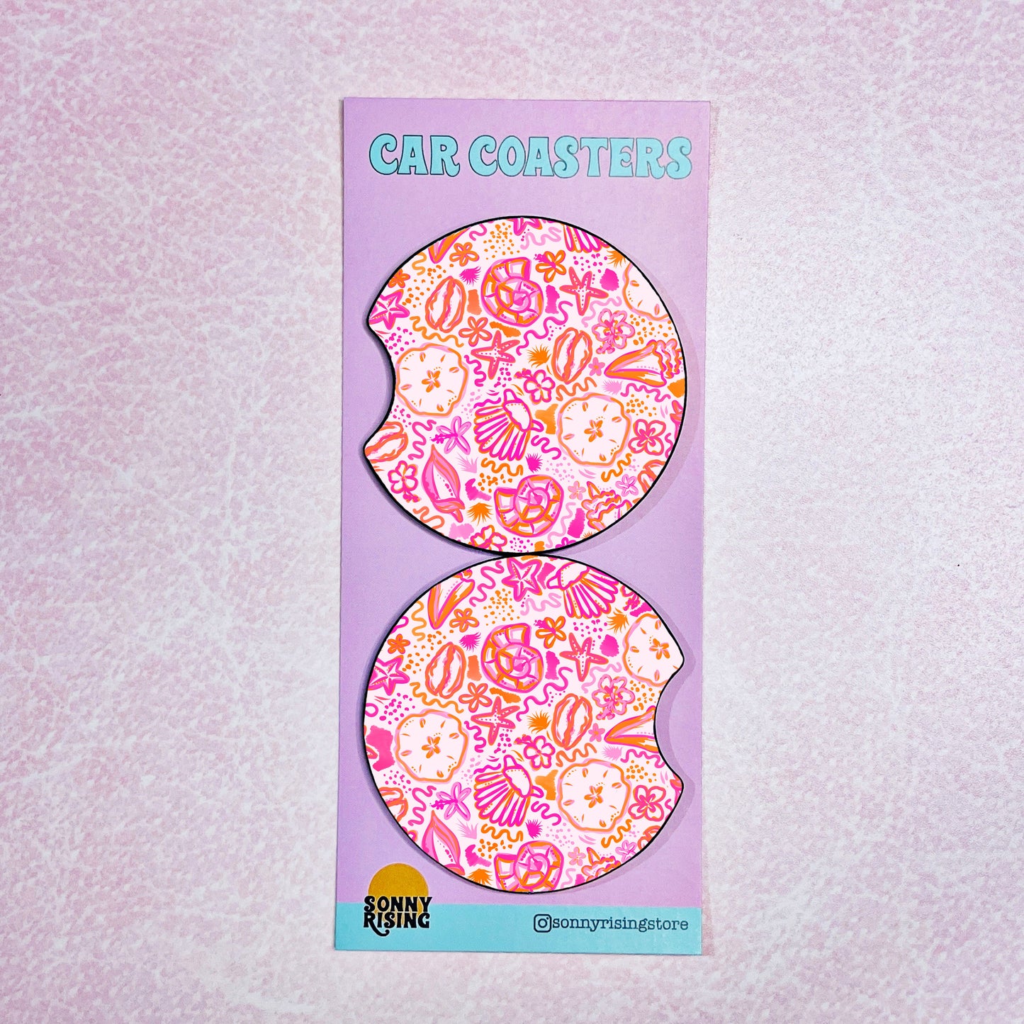 2 Car Coasters, Neon Pink & Orange Shells Pattern