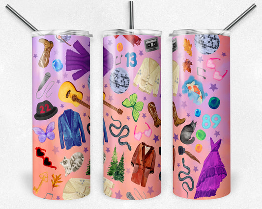 20 oz Skinny Tumbler, Watercolor Taylor Icons On Lover Inspired Background