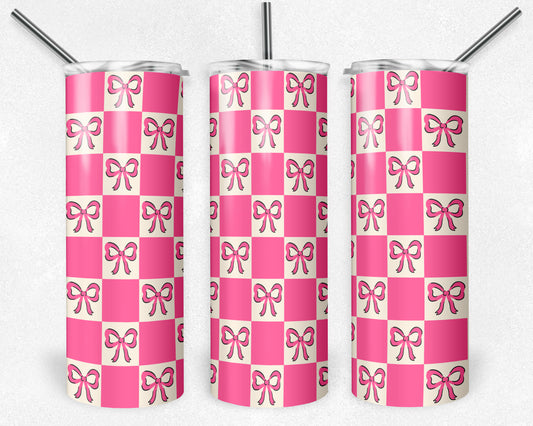 20 oz Skinny Tumbler, Pink Bow Checker Pattern