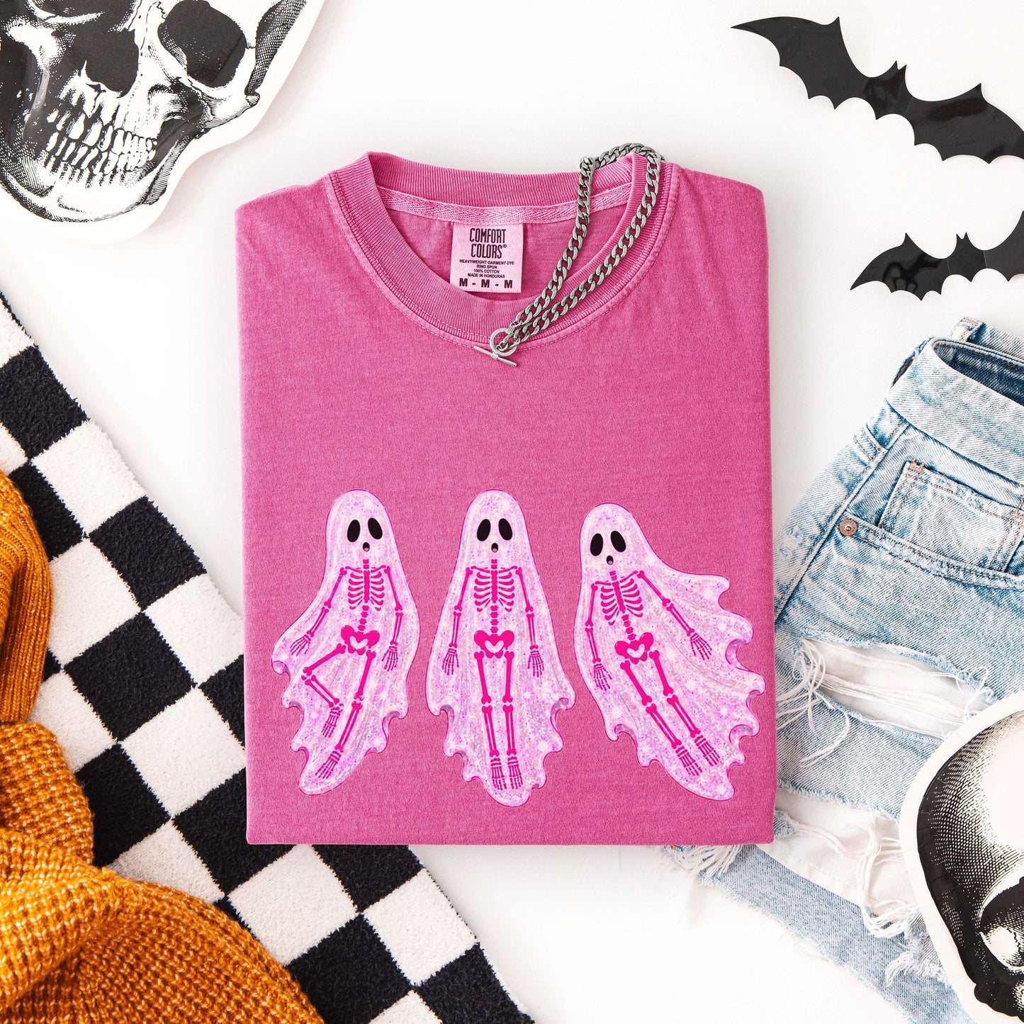 Graphic Tee, Pink Skeleton Ghosts
