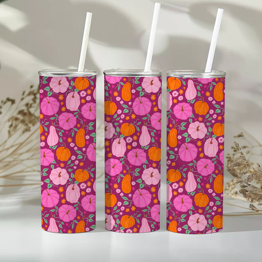 20 oz Skinny Tumbler, Pink Pumpkins Pattern