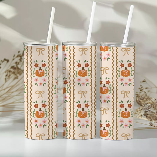 20 oz Skinny Tumbler, Orange Pumpkin Rows