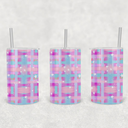 12 oz Kids Skinny Tumbler, Purple Painted Plaid With Stars