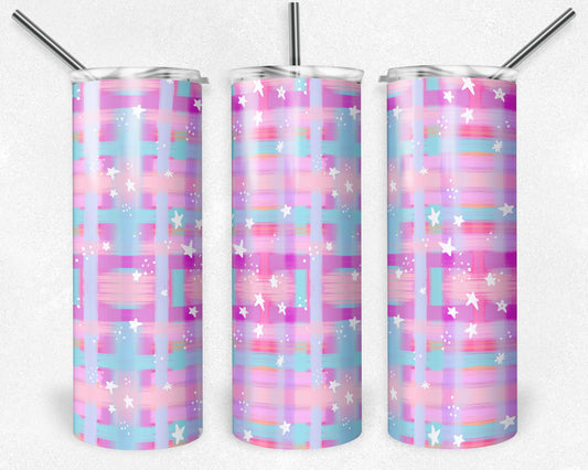 20 oz Skinny Tumbler, Purple Painted Plaid with Stars Pattern