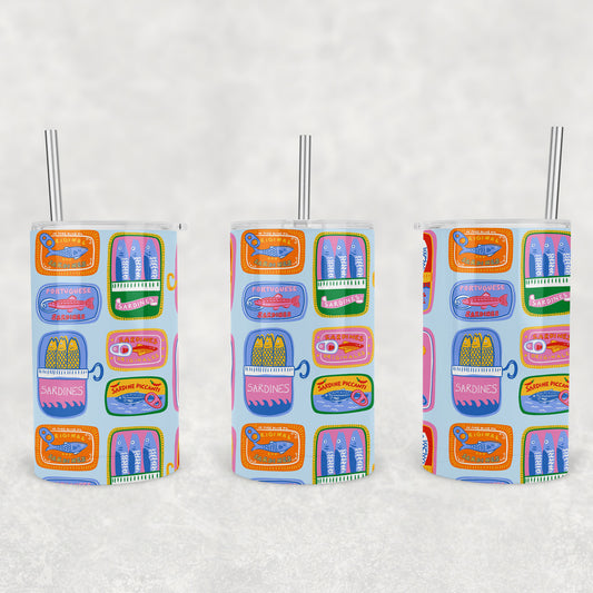 12 oz Kids Skinny Tumbler, Colorful Sardines Tin Pattern