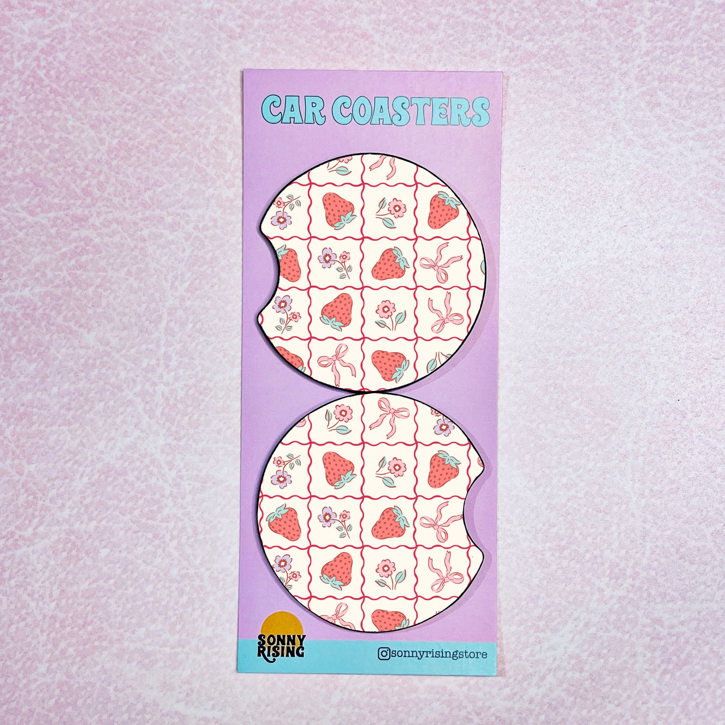 2 Car Coasters, Strawberry Coquette Squares