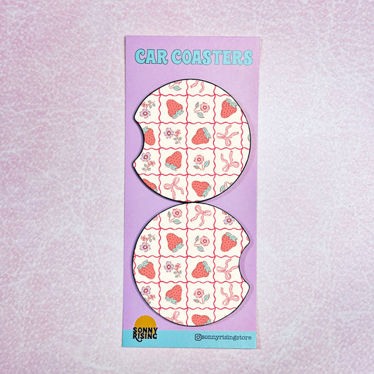 2 Car Coasters, Strawberry Coquette Squares