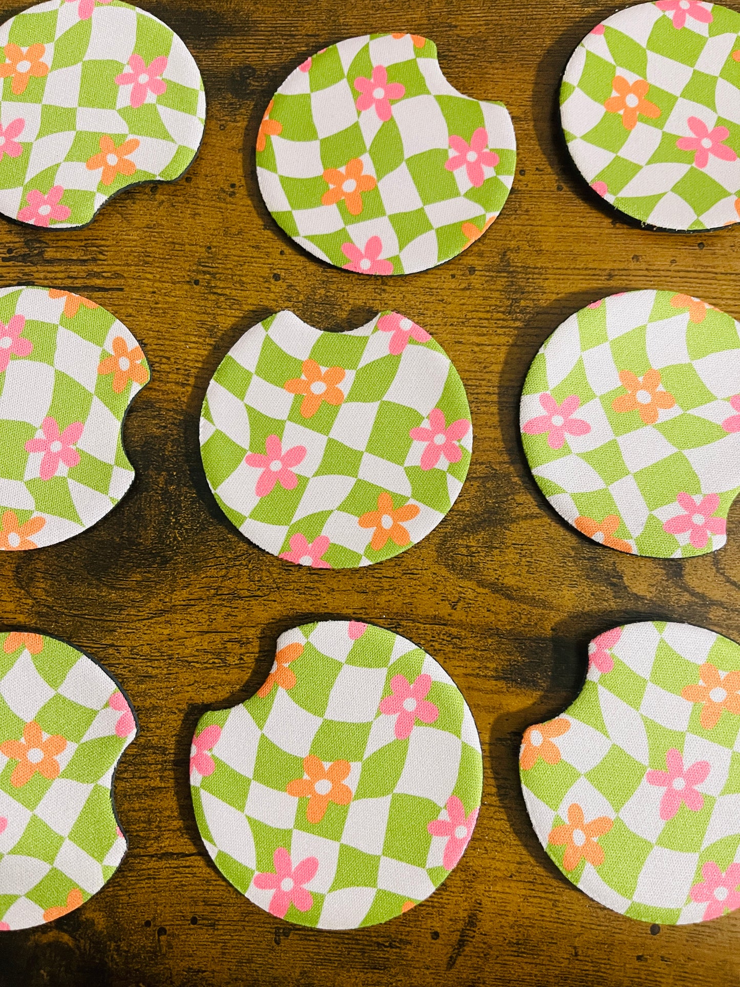 2 Car Coasters, Groovy Green Check and Pink Daisy Design